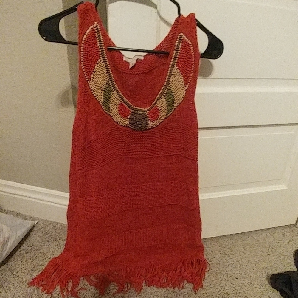Beaded neckline tank with fringe
